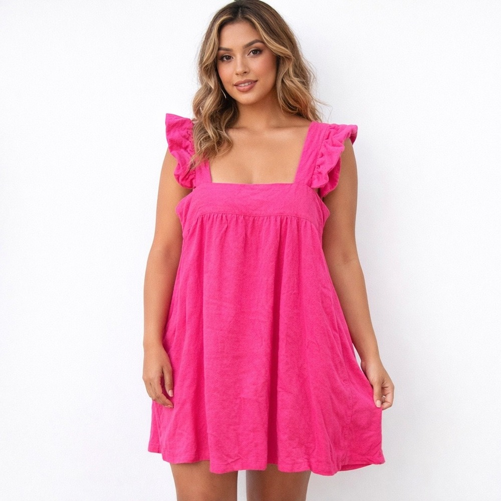 Pomander Place Women's Medium Mini Dress Hot‎ Pink Ruffle Strap Linen Blend